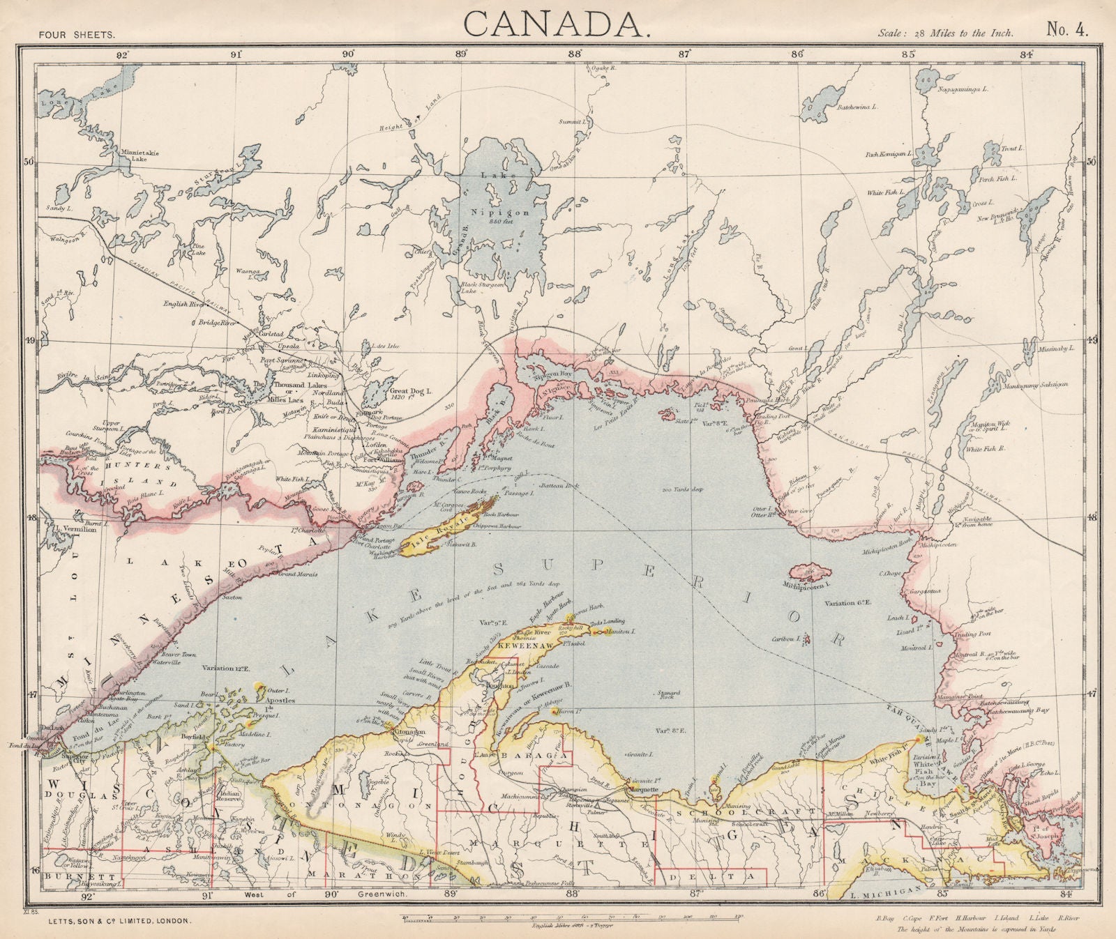 LAKE SUPERIOR. Canada Ontario Michigan. Lighthouses & Railroads. LETTS 1889 map